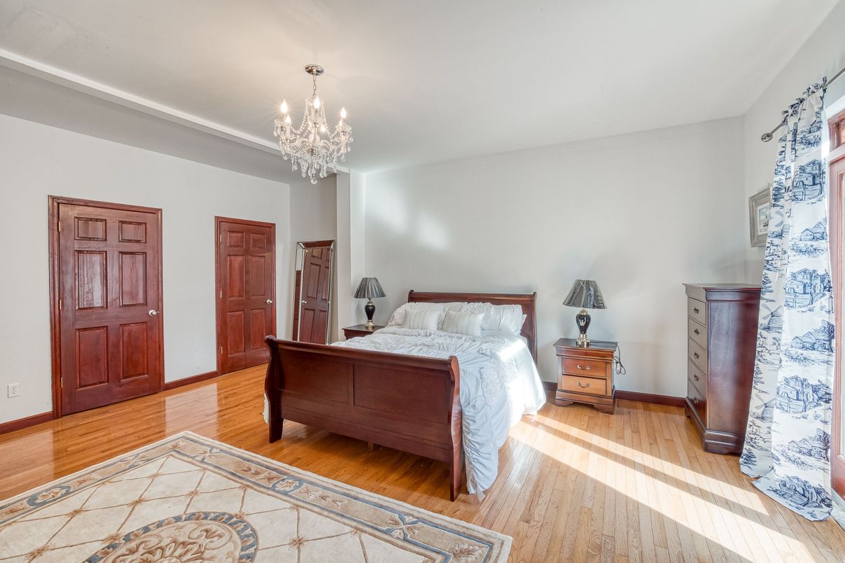 Bedroom, Chandelier, Interior, Wood Texture Flooring