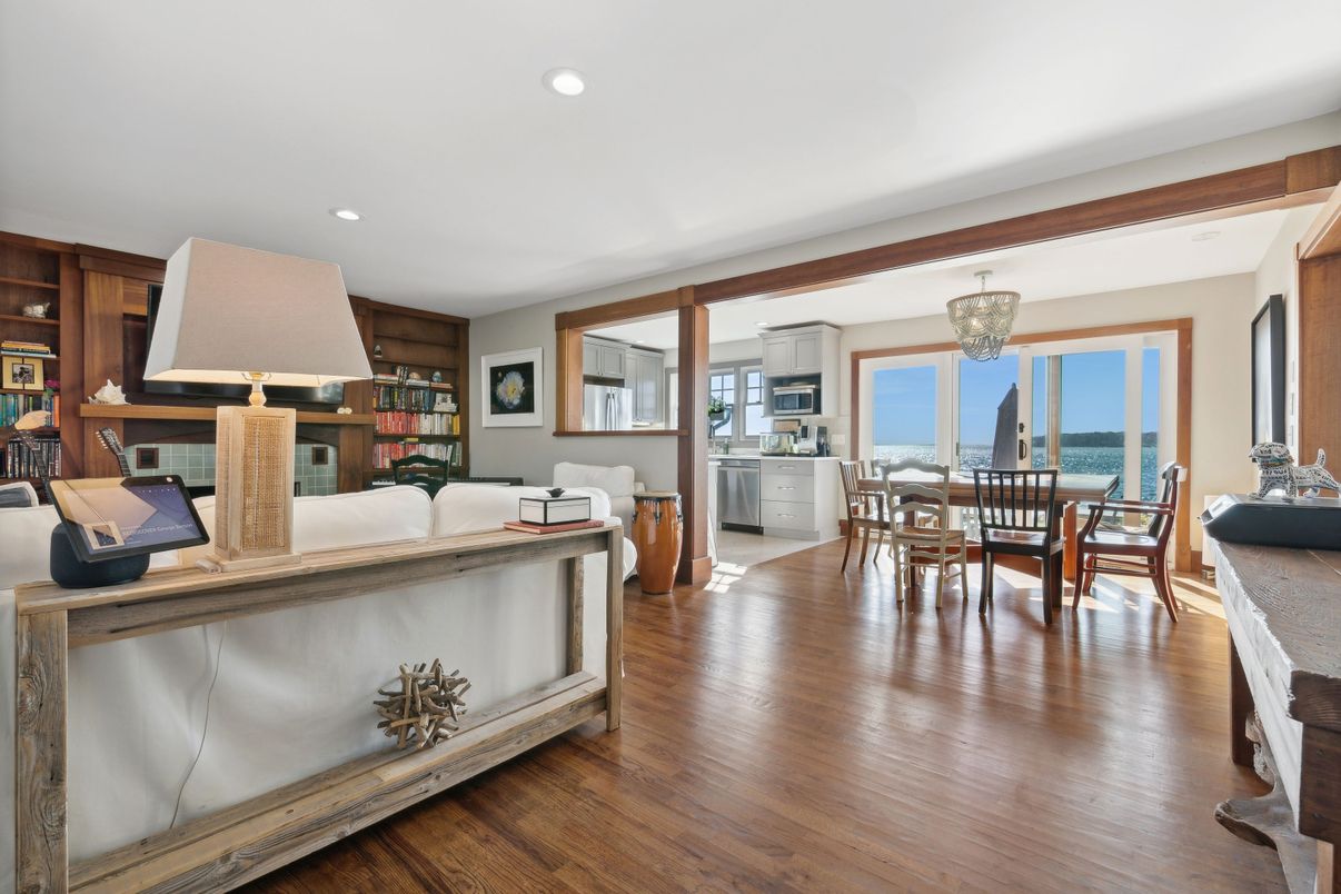 Chandelier, Dining room, Interior, Kitchen, Recessed Lighting, Water, Wood Texture Flooring