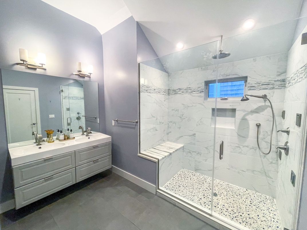 Bathroom, Dual Sink Vanities, Glass Shower, Interior, Marble Walls, Recessed Lighting