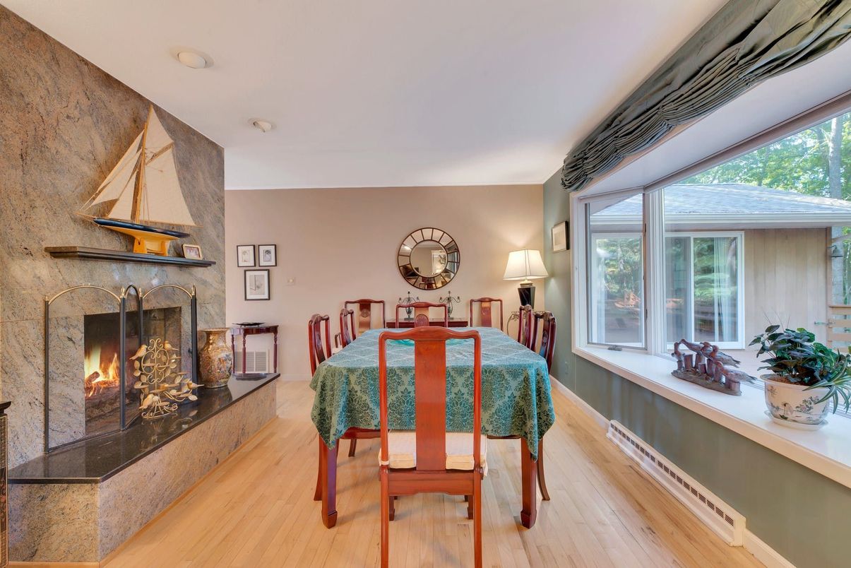 Dining room, Fireplace, Interior, Wood Texture Flooring