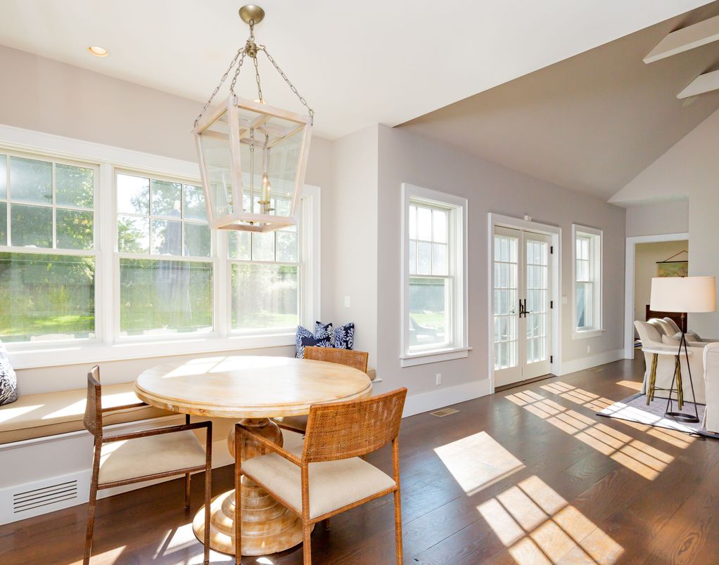 Dining room, Interior, Pendant Lights, Recessed Lighting, Wood Texture Flooring
