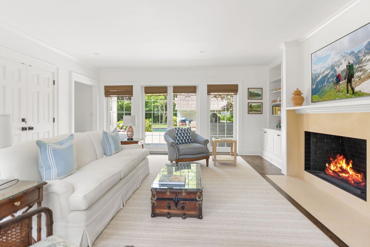 Fireplace, Interior, Living room, Recessed Lighting, Wood Texture Flooring