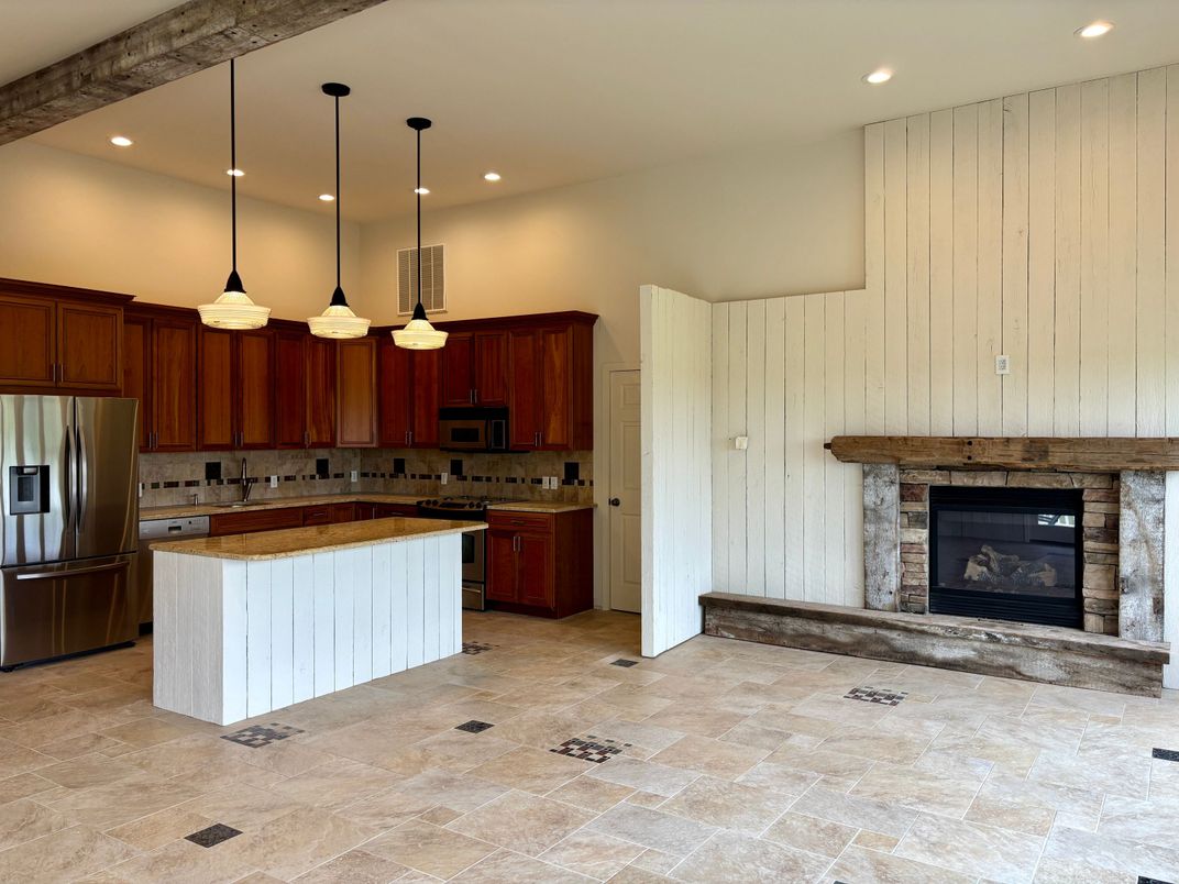 Fireplace, Interior, Kitchen, Pendant Lights, Recessed Lighting, Stainless Steel Appliances