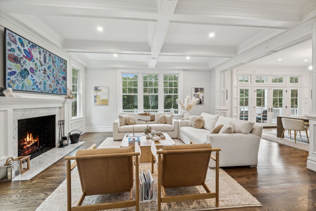Dining room, Fireplace, Interior, Living room, Recessed Lighting, Wood Texture Flooring