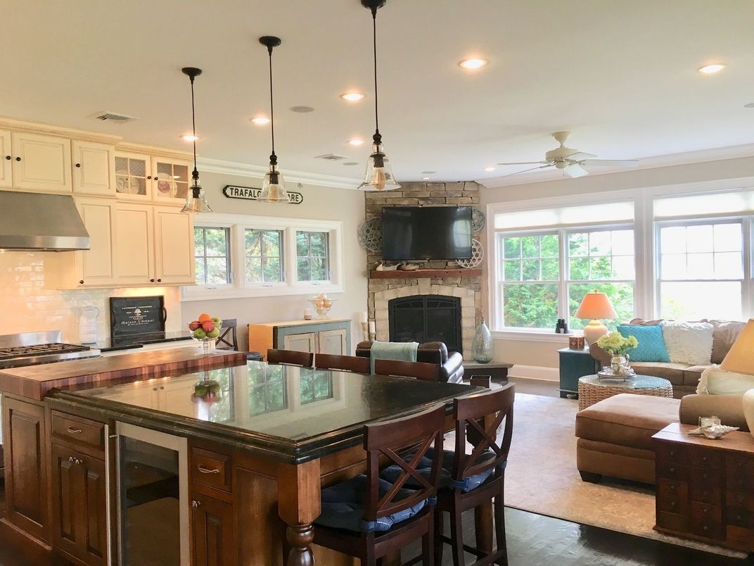 Dining room, Fireplace, Interior, Kitchen, Living room, Pendant Lights, Recessed Lighting, Stone Walls