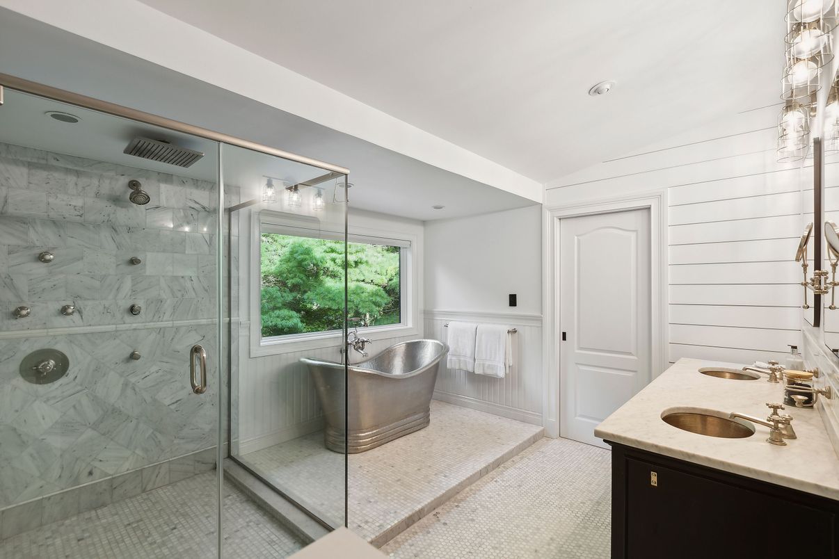 Bathroom, Dual Sink Vanities, Free Standing Baths, Glass Shower, Interior, Marble Walls, Recessed Lighting