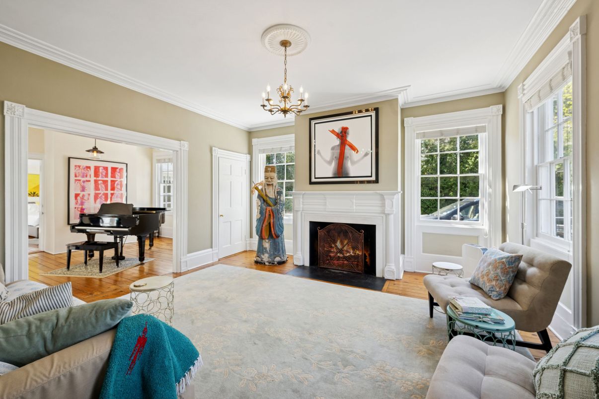 Chandelier, Fireplace, Interior, Living room, Pendant Lights, Piano, Wood Texture Flooring