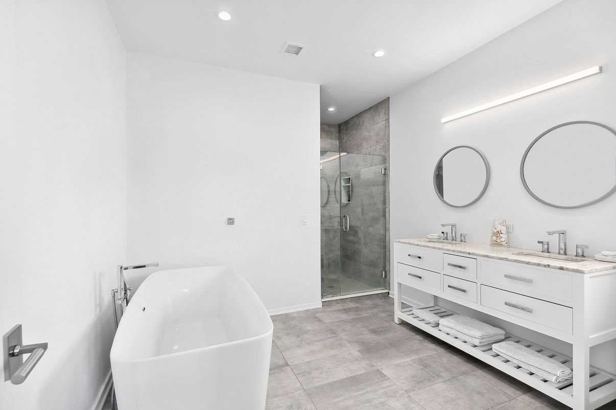 Bathroom, Dual Sink Vanities, Free Standing Baths, Glass Shower, Interior, Recessed Lighting
