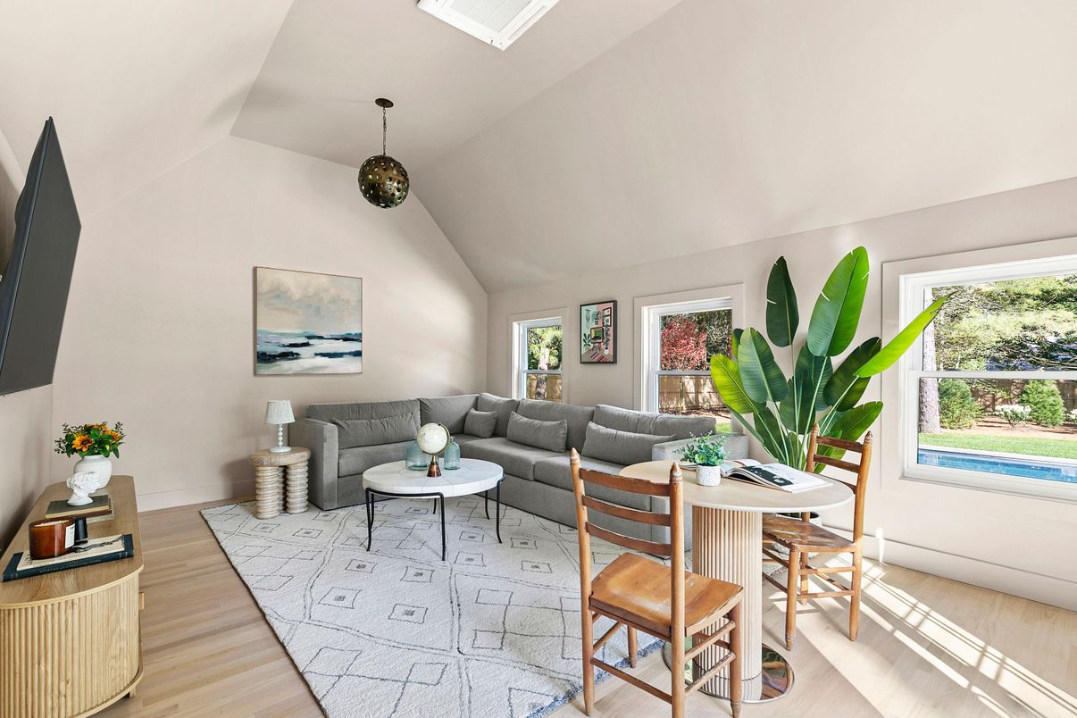 Dining room, Interior, Living room, Pendant Lights, Wood Texture Flooring