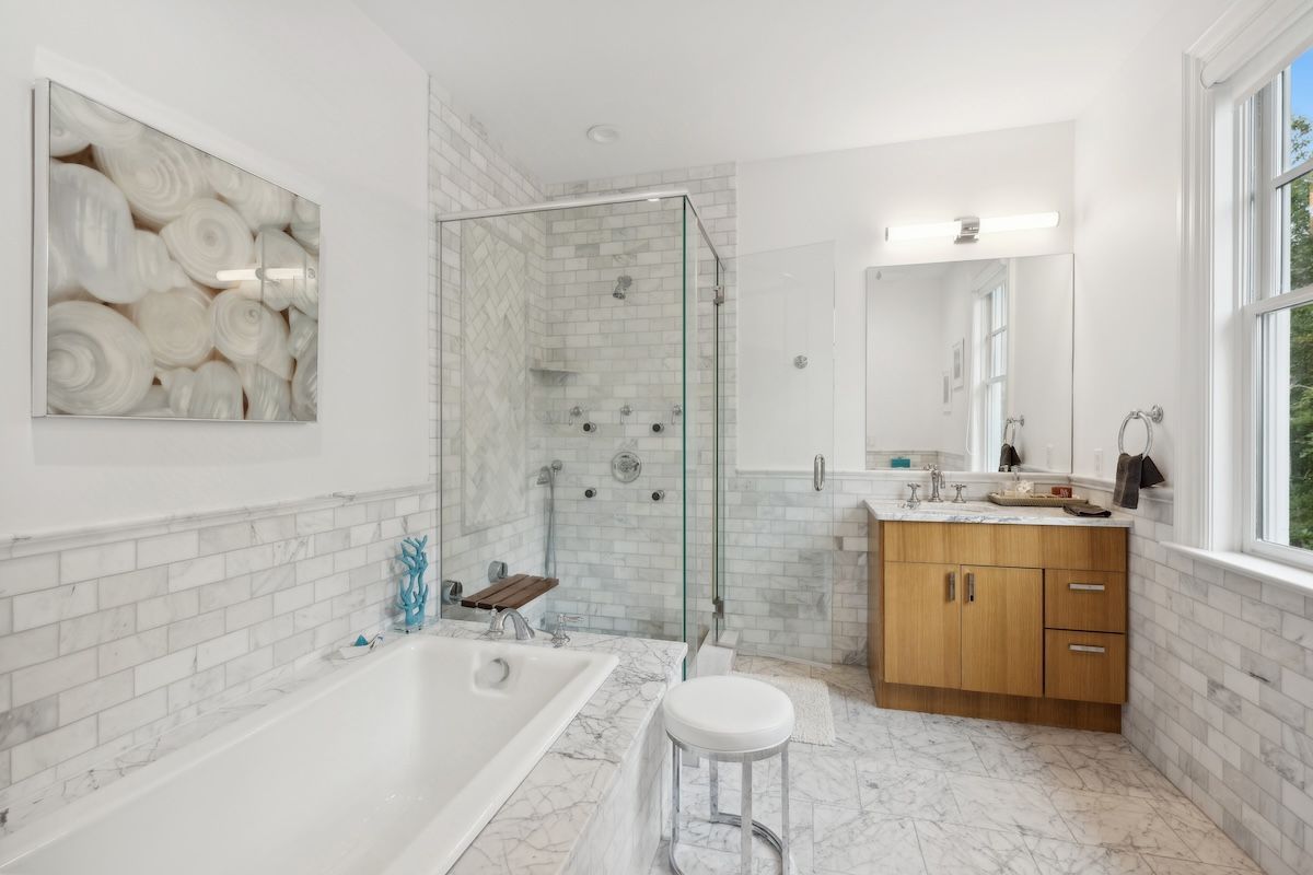 Bathroom, Dual Sink Vanities, Glass Shower, Interior, Marble, Recessed Lighting