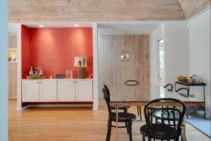 Dining room, Interior, Recessed Lighting, Wood Texture Flooring, Wooden Walls
