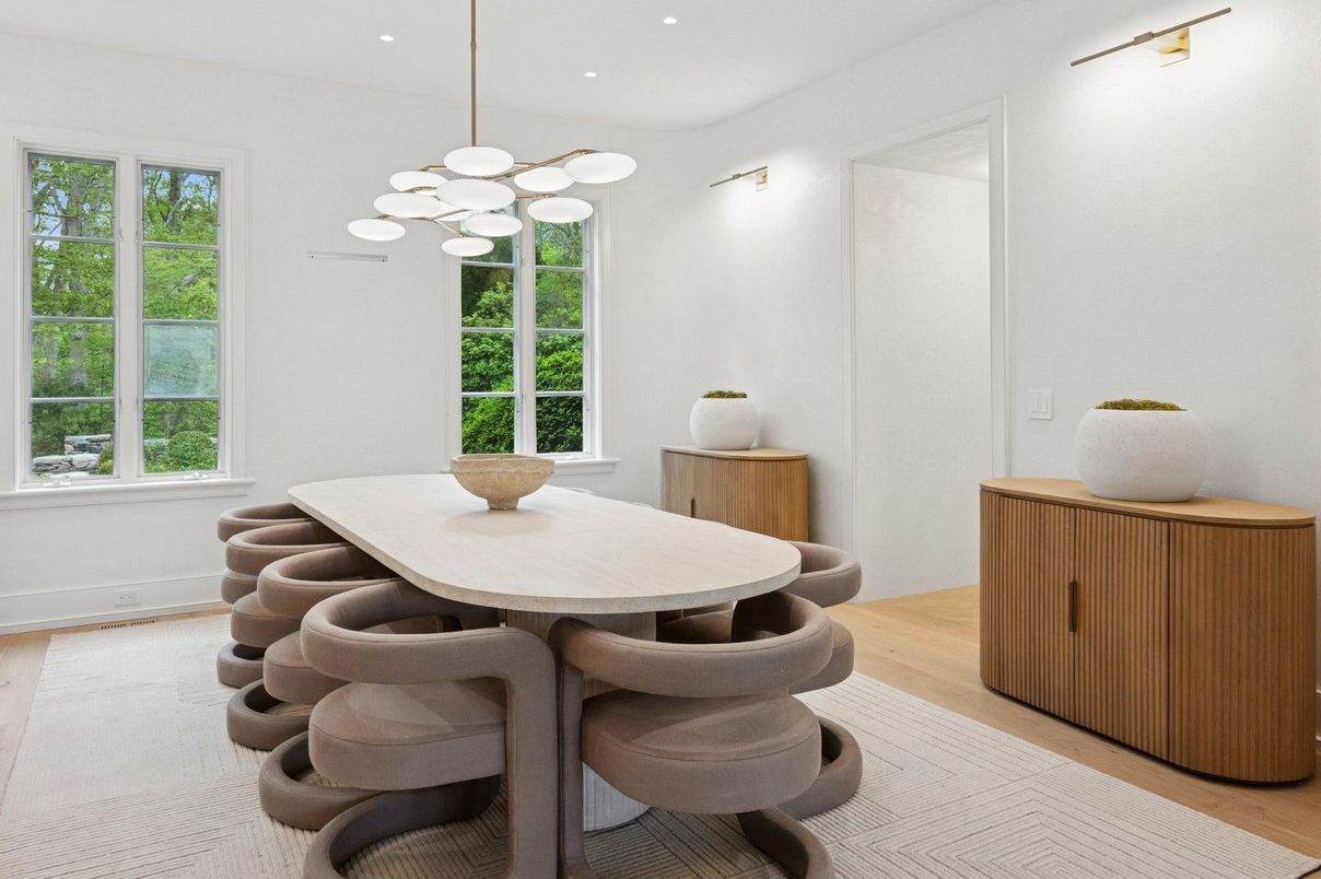 Dining room, Interior, Pendant Lights, Recessed Lighting, Wood Texture Flooring
