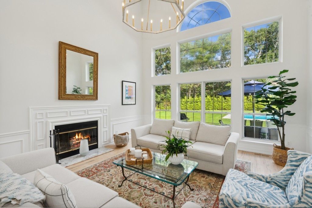 Fireplace, Interior, Living room, Pendant Lights, Wood Texture Flooring