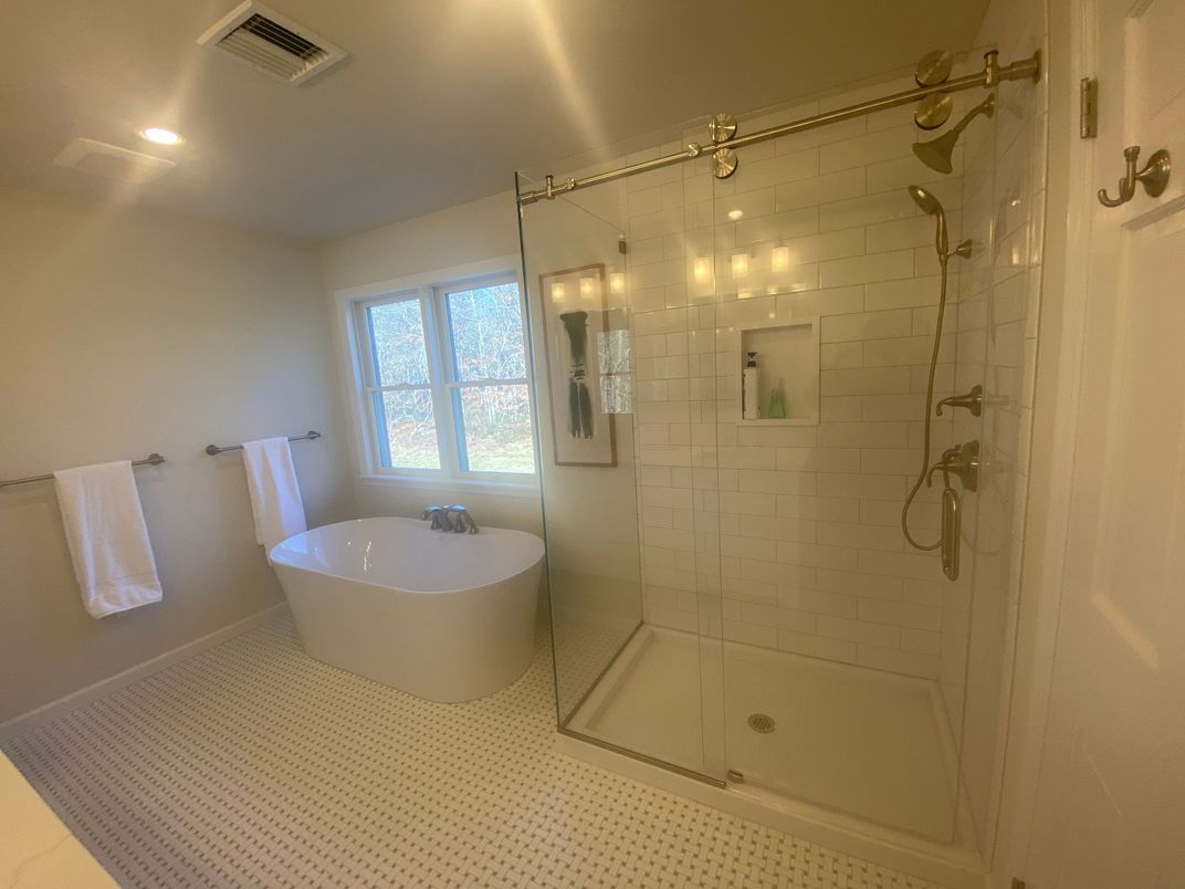 Bathroom, Free Standing Baths, Glass Shower, Interior, Recessed Lighting