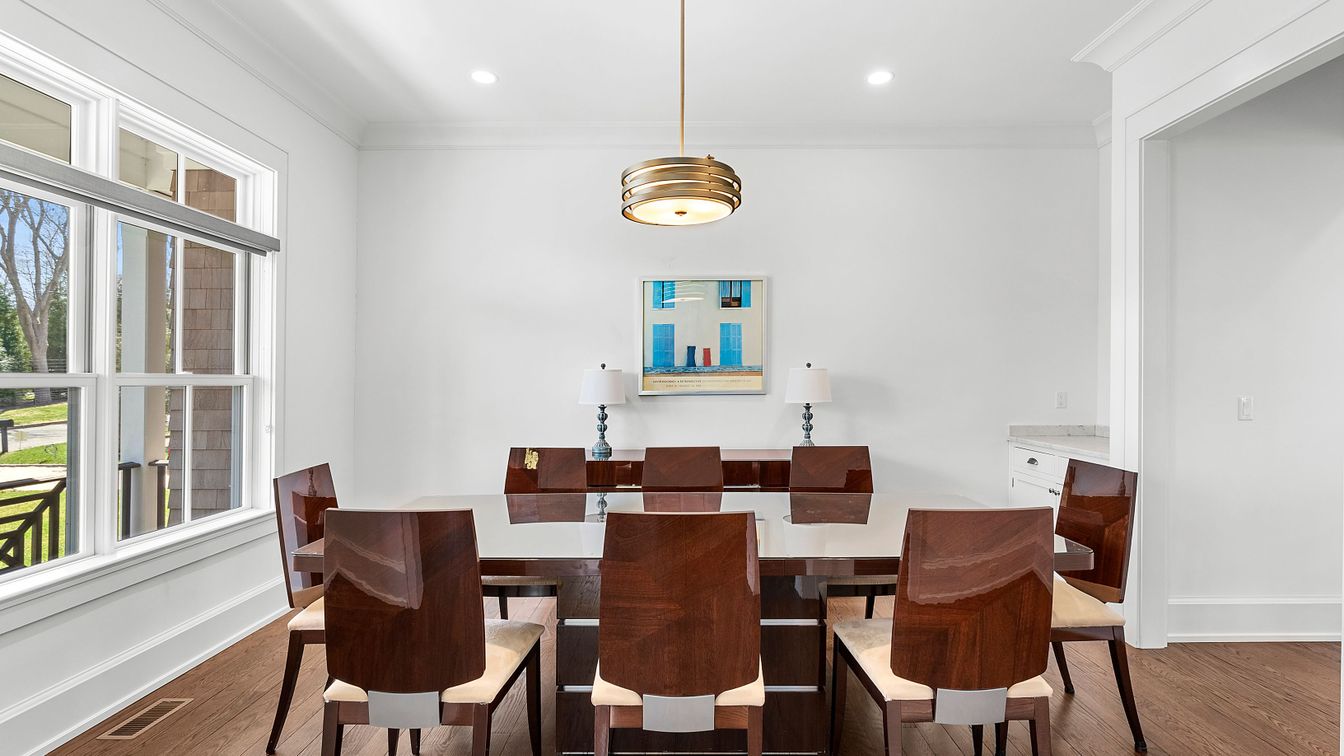 Dining room, Interior, Pendant Lights, Recessed Lighting, Wood Texture Flooring