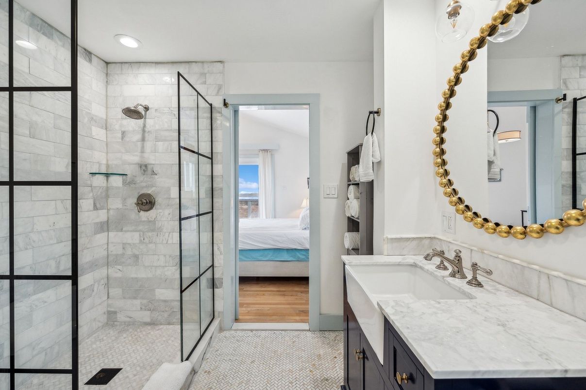 Bathroom, Bedroom, Glass Shower, Interior, Recessed Lighting, Wood Texture Flooring