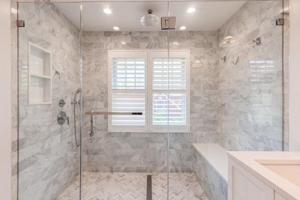 Bathroom, Glass Shower, Interior, Marble Walls, Recessed Lighting