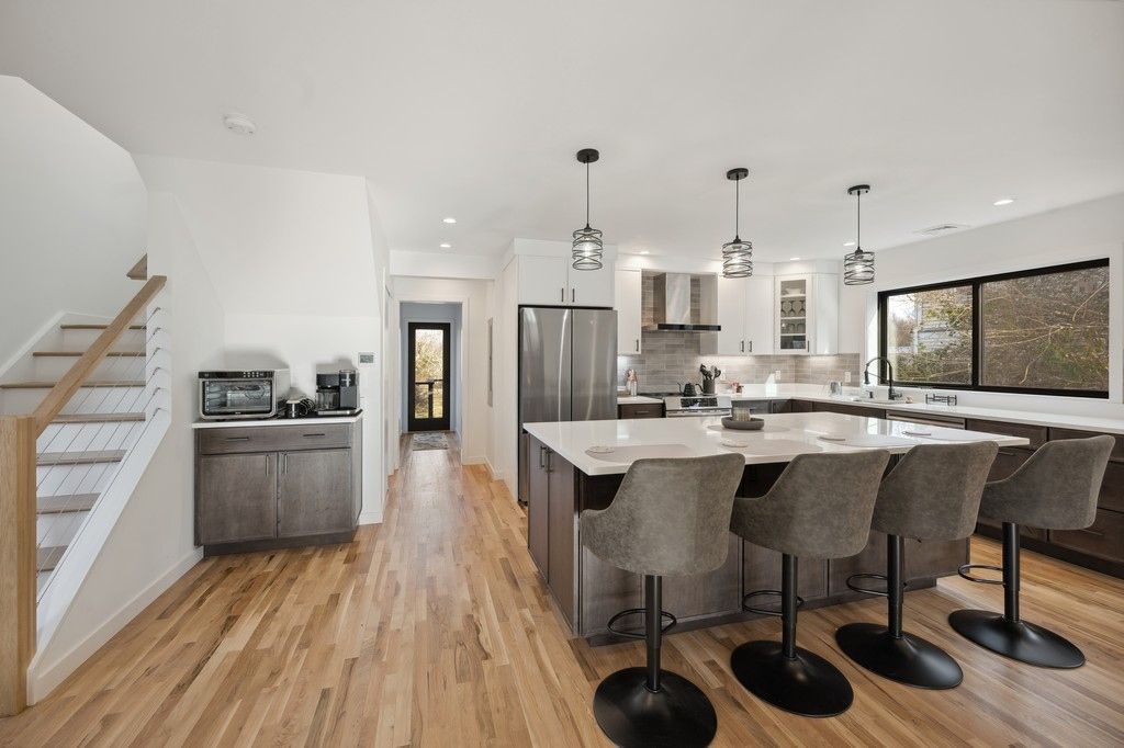 Interior, Kitchen, Pendant Lights, Recessed Lighting, Stainless Steel Appliances, Wood Texture Flooring