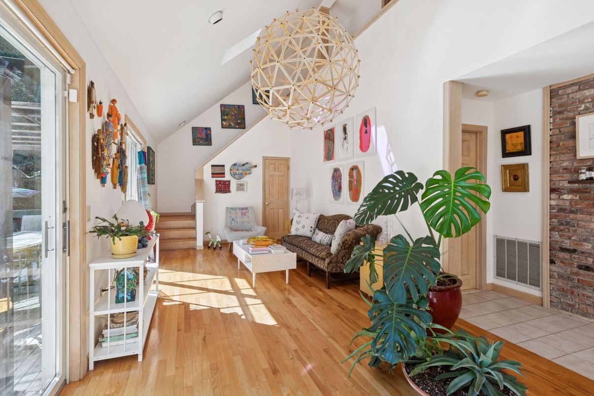 Chandelier, Interior, Living room, Stone Walls, Wood Texture Flooring