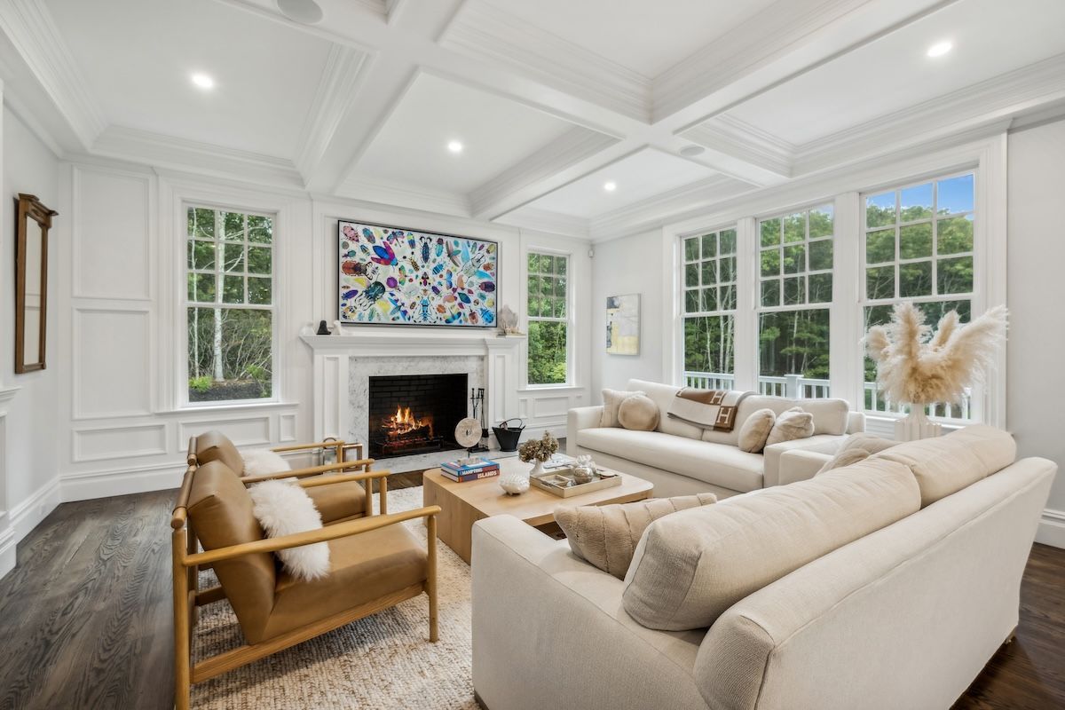 Fireplace, Interior, Living room, Recessed Lighting, Wood Texture Flooring