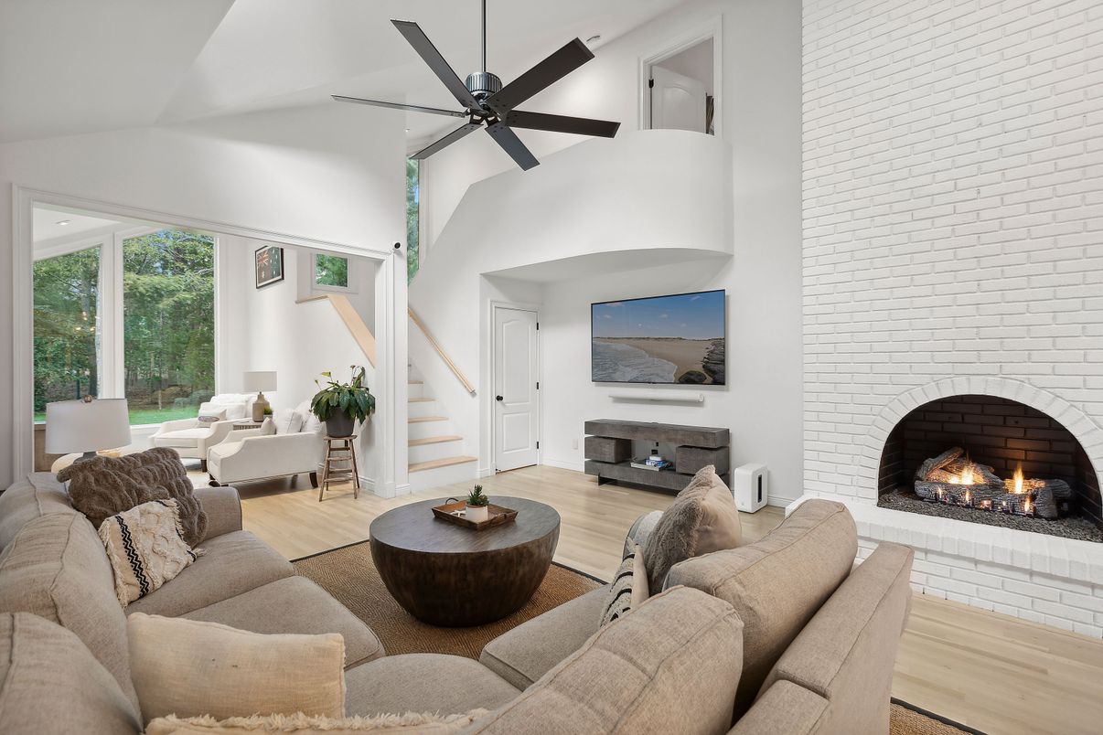 Fireplace, Interior, Living room, Stone Walls, Wood Texture Flooring