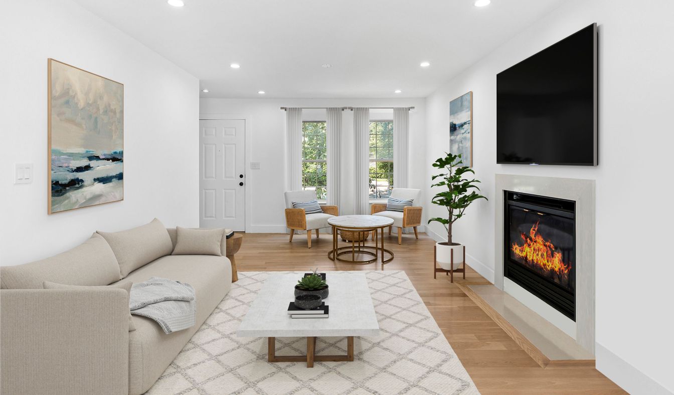 Dining room, Fireplace, Interior, Living room, Recessed Lighting, Wood Texture Flooring