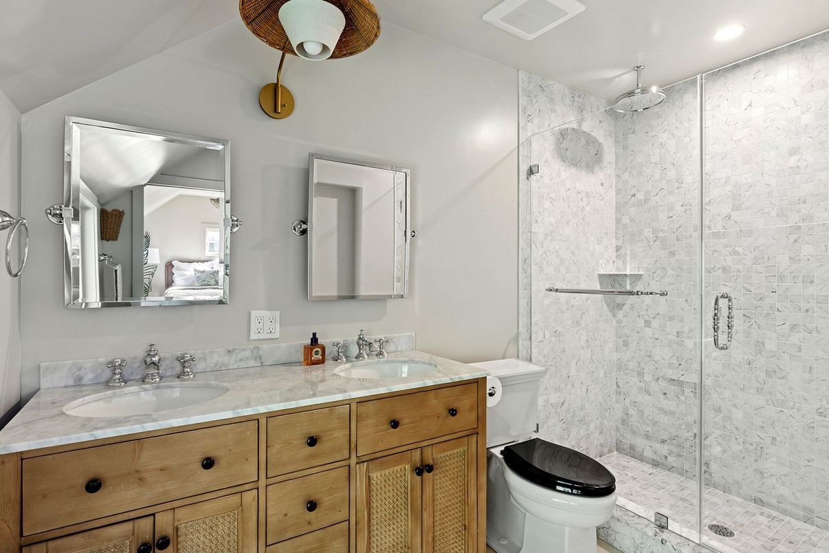 Bathroom, Dual Sink Vanities, Glass Shower, Interior, Marble Walls, Recessed Lighting