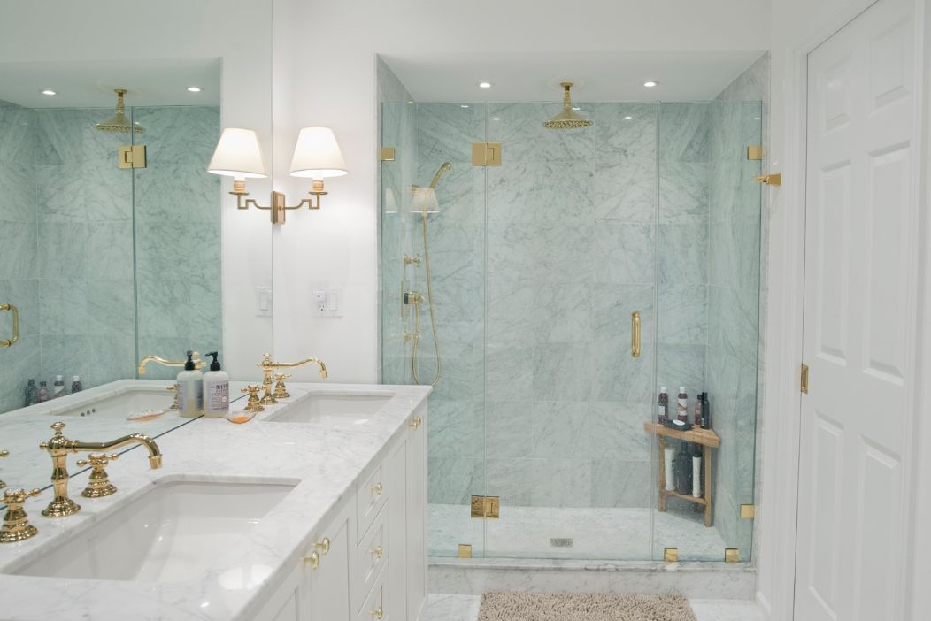 Bathroom, Dual Sink Vanities, Glass Shower, Interior, Marble Walls, Recessed Lighting