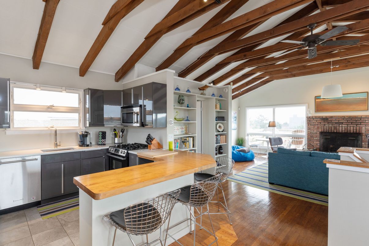 Fireplace, Interior, Kitchen, Living room, Stainless Steel Appliances, Wooden Beams, Wood Texture Flooring