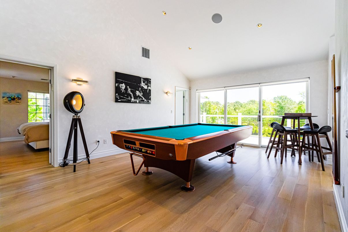 Billiard Table, Game Room, Interior, Recessed Lighting, Wood Texture Flooring