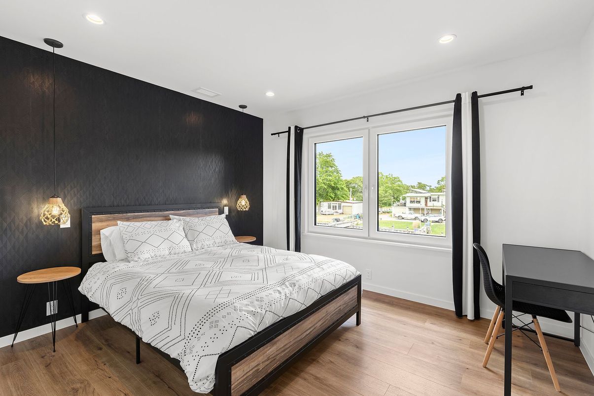 Bedroom, Interior, Pendant Lights, Recessed Lighting, Wood Texture Flooring