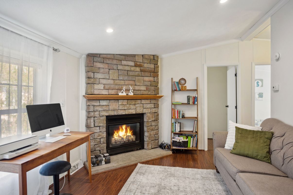 Fireplace, Home Office, Interior, Recessed Lighting, Stone Walls, Wood Texture Flooring