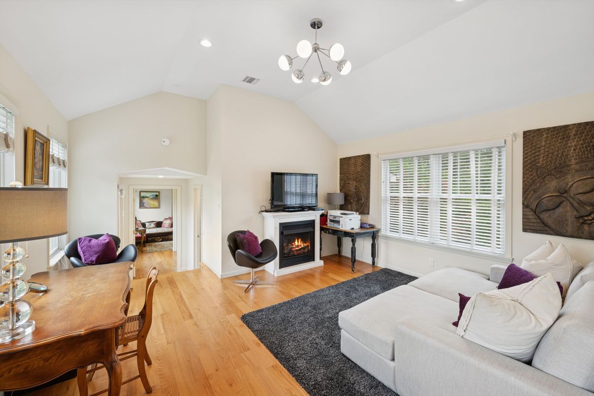 Fireplace, Home Office, Interior, Pendant Lights, Recessed Lighting, Wood Texture Flooring