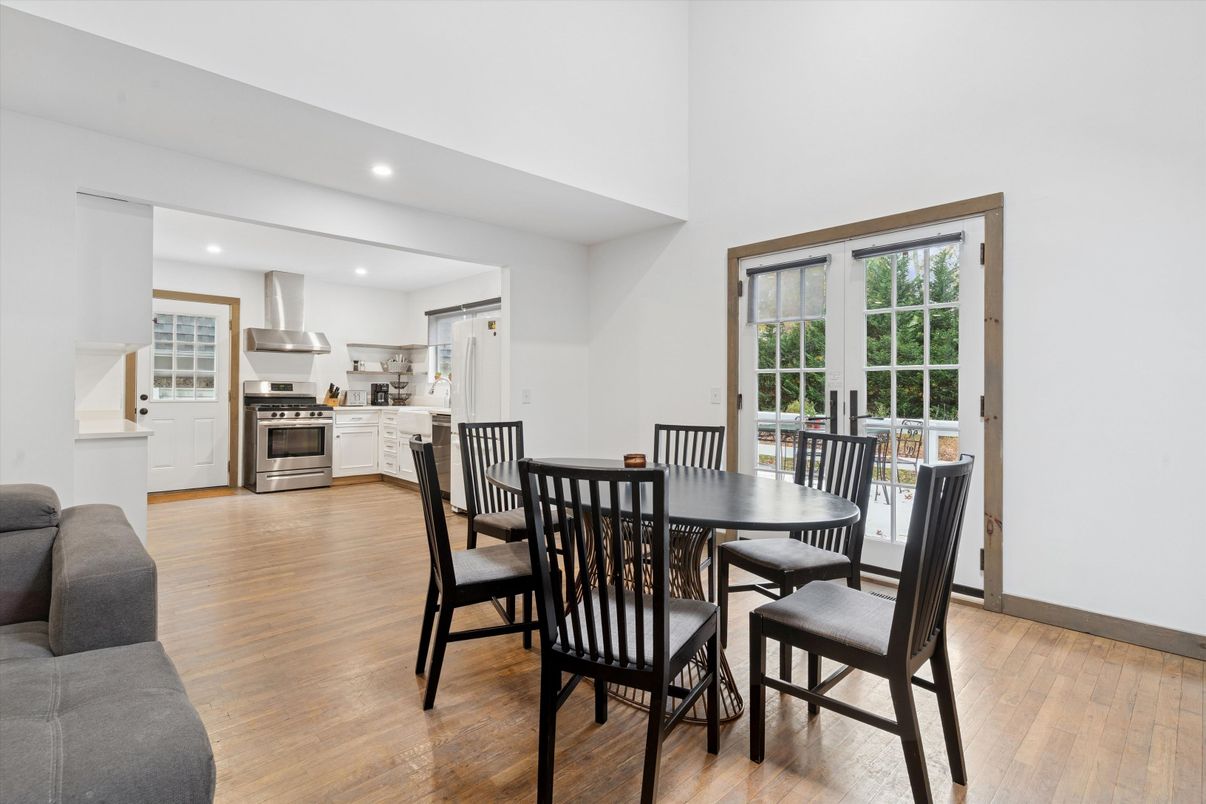 Dining room, Interior, Kitchen, Recessed Lighting, Stainless Steel Appliances, Wood Texture Flooring
