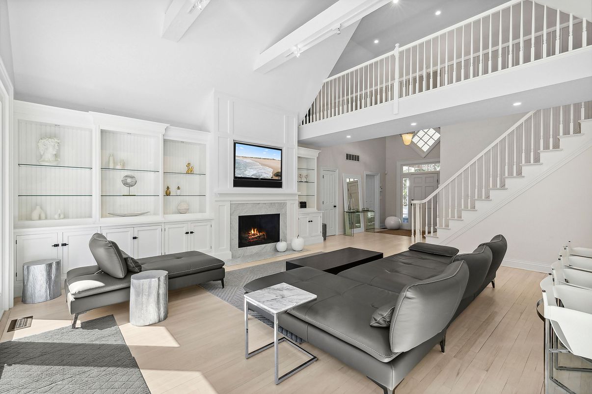 Fireplace, Interior, Living room, Recessed Lighting, Wood Texture Flooring