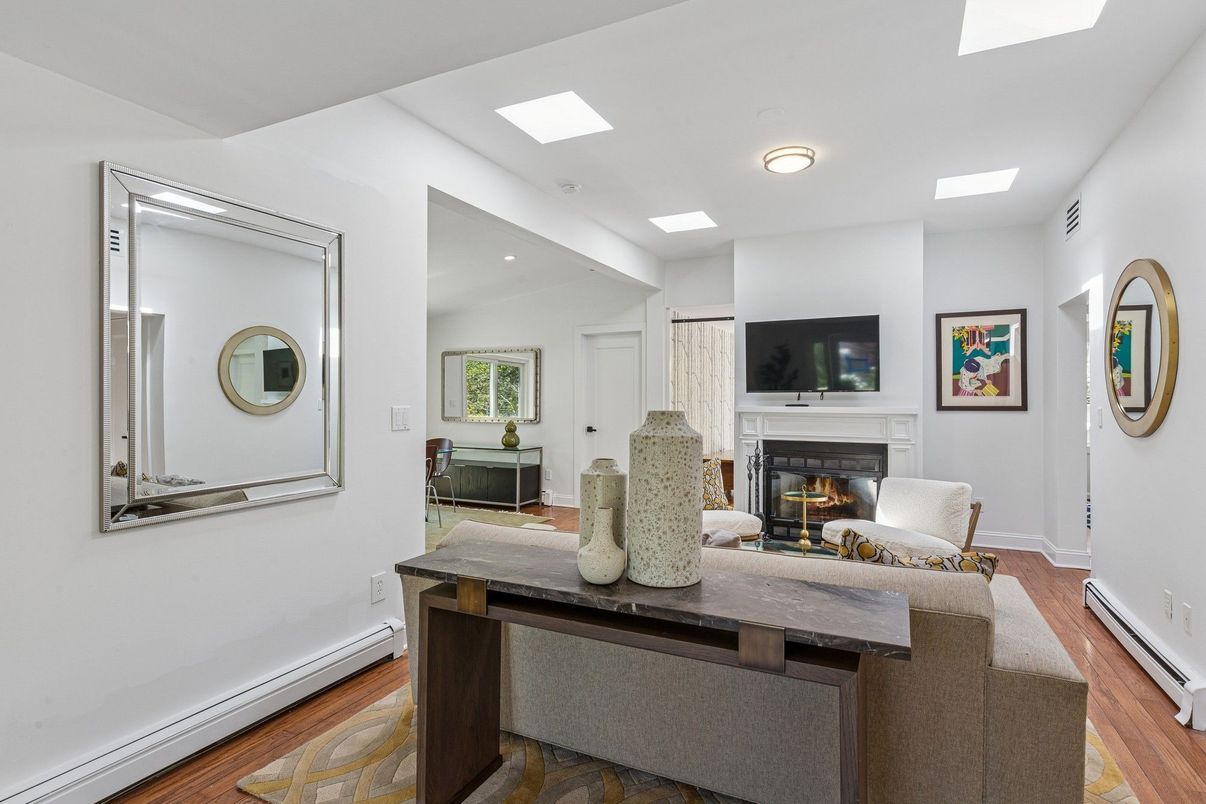 Fireplace, Interior, Living room, Recessed Lighting, Wood Texture Flooring