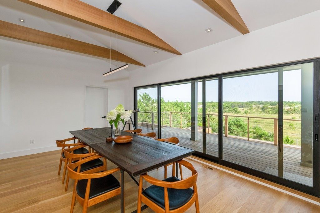 Dining room, Interior, Pendant Lights, Recessed Lighting, Wooden Beams, Wood Texture Flooring