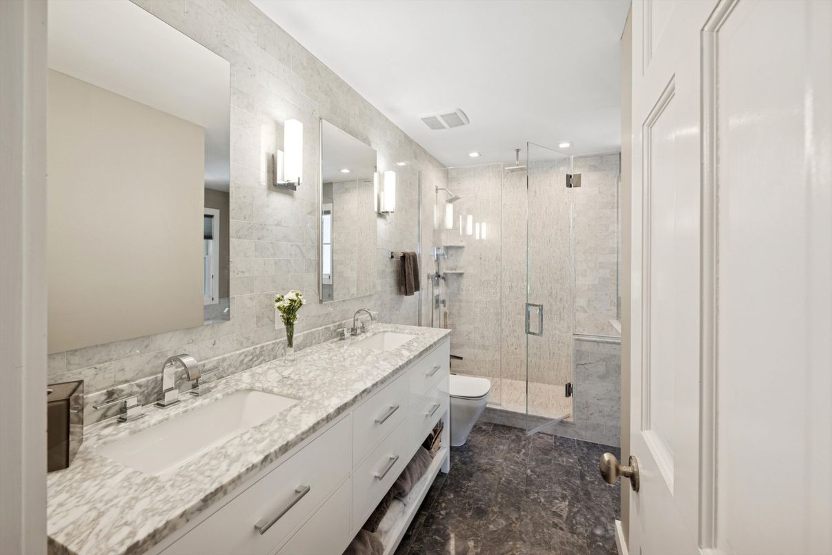 Bathroom, Dual Sink Vanities, Glass Shower, Interior, Recessed Lighting