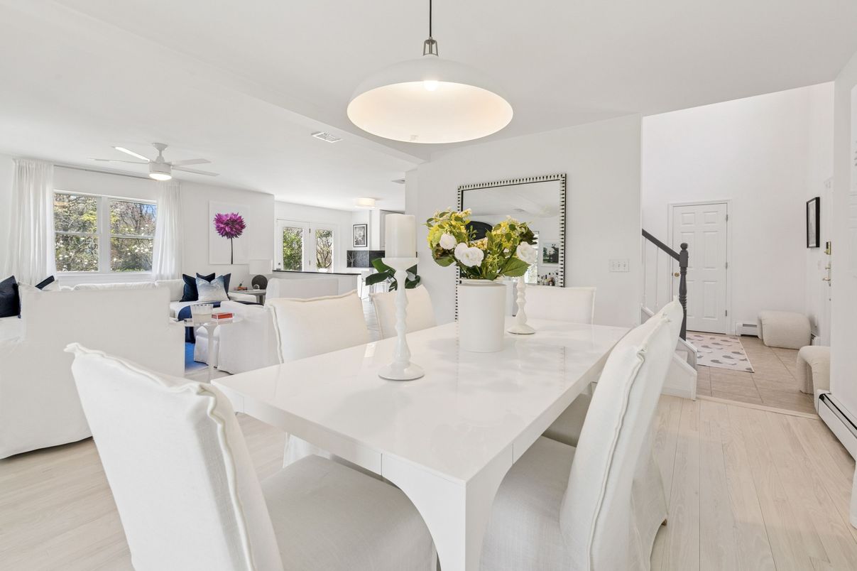 Dining room, Interior, Living room, Pendant Lights, Wood Texture Flooring