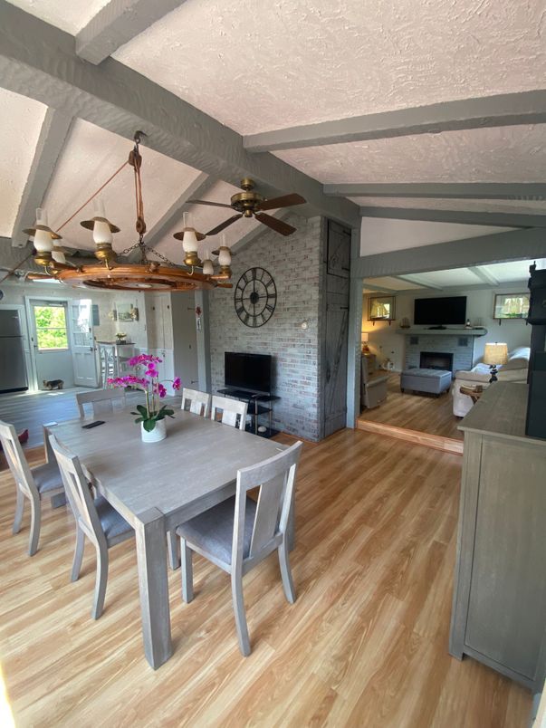 Dining room, Fireplace, Interior, Stone Walls, Wood Texture Flooring