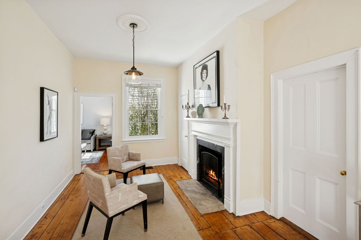 Fireplace, Interior, Living room, Pendant Lights, Wood Texture Flooring