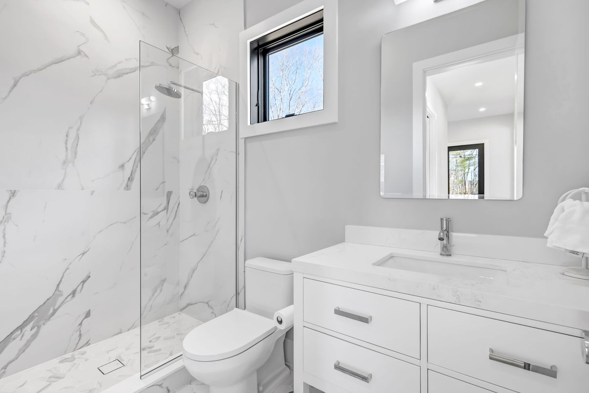 Bathroom, Glass Shower, Interior, Marble Walls, Recessed Lighting