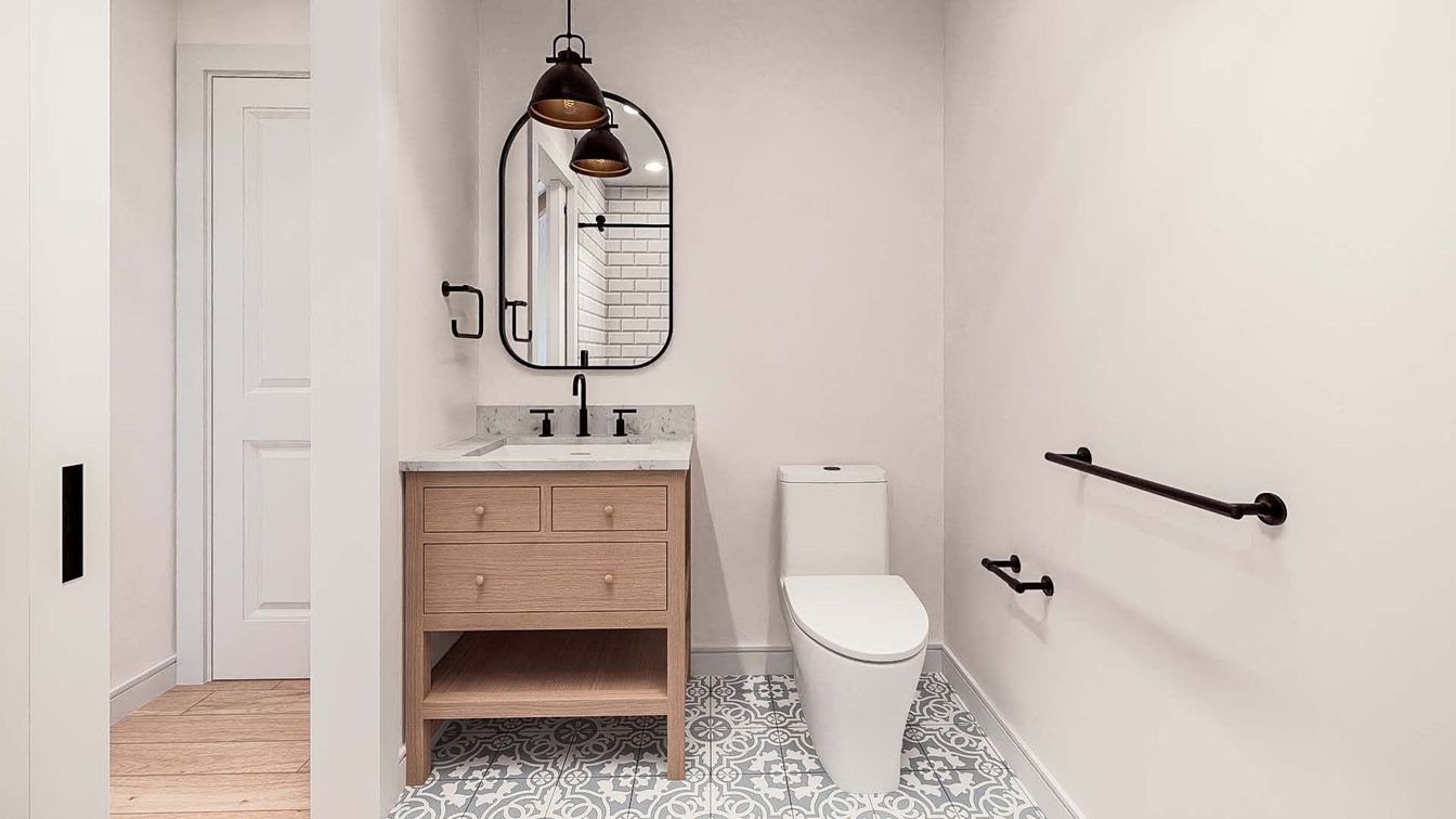 Bathroom, Dual Sink Vanities, Interior, Pendant Lights, Wood Texture Flooring