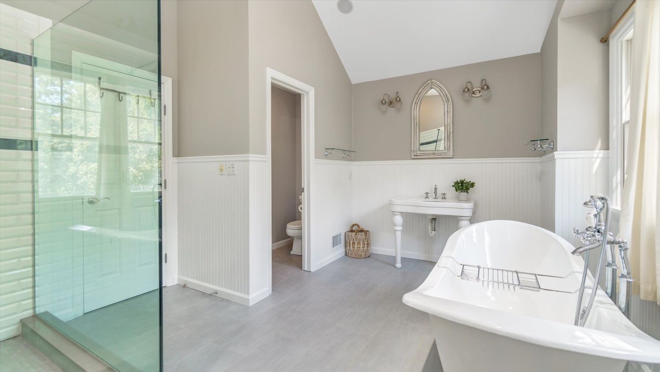 Bathroom, Free Standing Baths, Glass Shower, Interior, Wood Texture Flooring