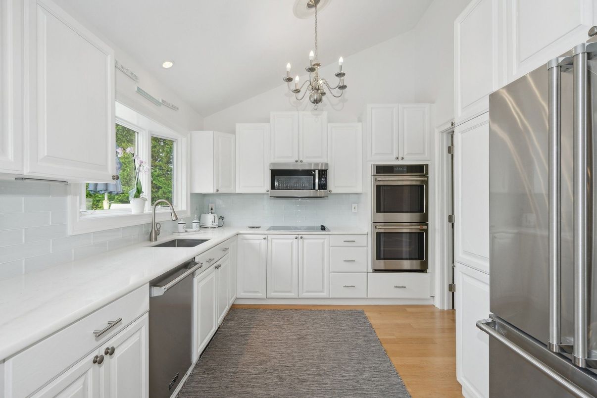 Chandelier, Interior, Kitchen, Recessed Lighting, Stainless Steel Appliances, Wood Texture Flooring