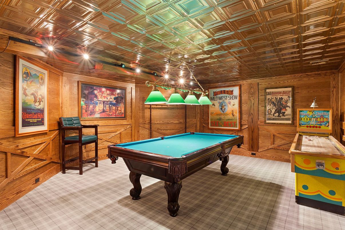 Billiard Table, Chandelier, Game Room, Interior, Wooden Walls