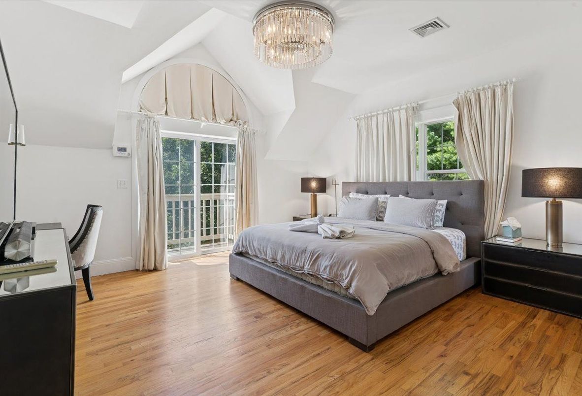 Bedroom, Chandelier, Interior, Wood Texture Flooring