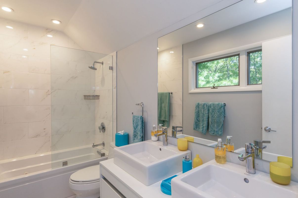 Bathroom, Glass Shower, Interior, Marble Walls, Recessed Lighting