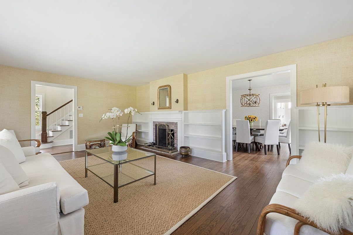 Dining room, Fireplace, Interior, Living room, Pendant Lights, Wood Texture Flooring