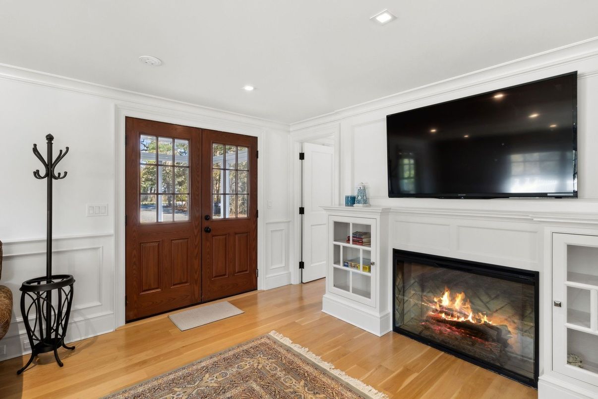 Fireplace, Interior, Recessed Lighting, Wood Texture Flooring